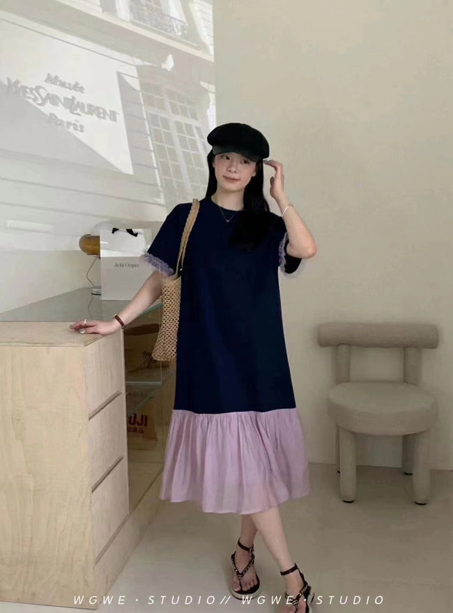 法式異材質荷葉短袖洋裝-兩色