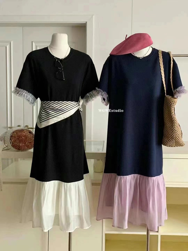 法式異材質荷葉短袖洋裝-兩色