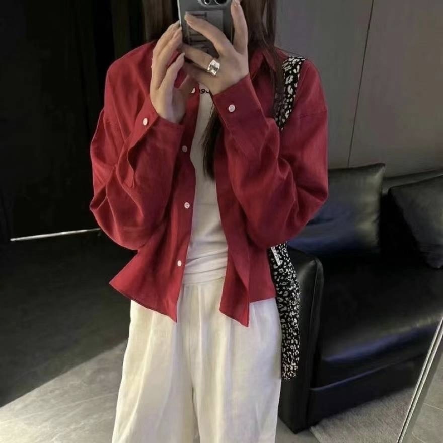 E17高級紅微短版棉麻襯(紅/白)