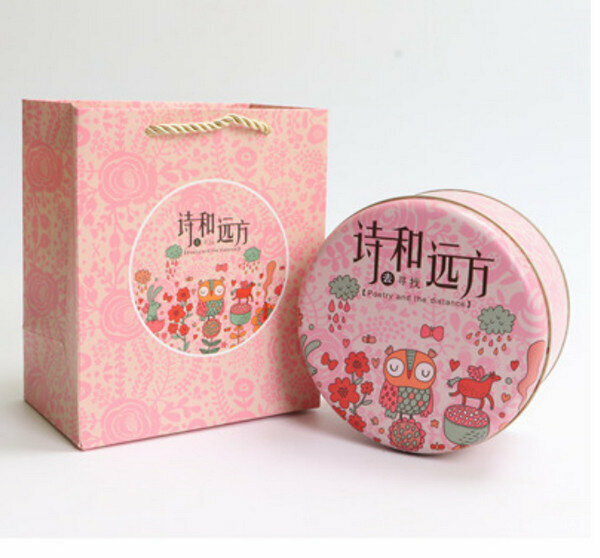 爆款【10個】可愛圓形精緻盒子-詩和遠方-小號套裝(盒子【5.5寸：13.5*7cm】+手提袋)