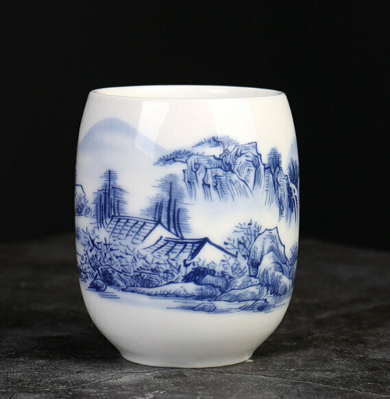 Popular large single ceramic tea cup (oval 150ml blue landscape cup)