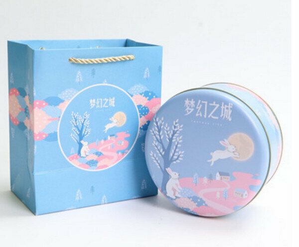 爆款【10個】可愛圓形精緻盒子-夢幻之城-小號套裝(盒子【5.5寸：13.5*7cm】+手提袋)