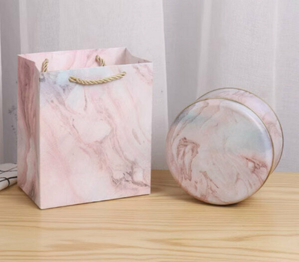 新款【10個】可愛圓形精緻盒子-大理石-大號套裝<大號盒17.5*7.5cm【6.8寸】子+手提袋>