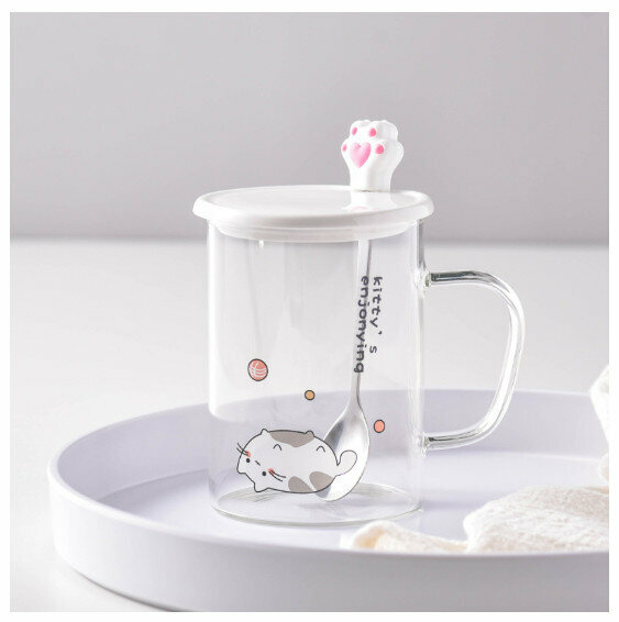 New glass cup [401-500ml] [grey cat three-piece set (color box)]