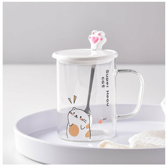 New glass cup [401-500ml] [Love cat three-piece set (color box)]