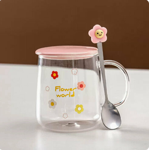 New flower transparent glass water cup [yellow English flower in the middle]