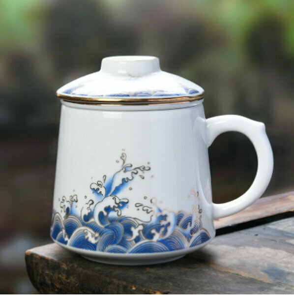 New tea and water separation ceramic office tea cup [Office Cup-Wave]