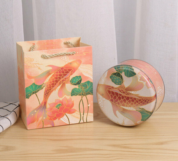新款【10個】可愛圓形精緻盒子-錦鯉魚-小號套裝<小號盒子13.5*7cm【5.5寸】+手提袋> 