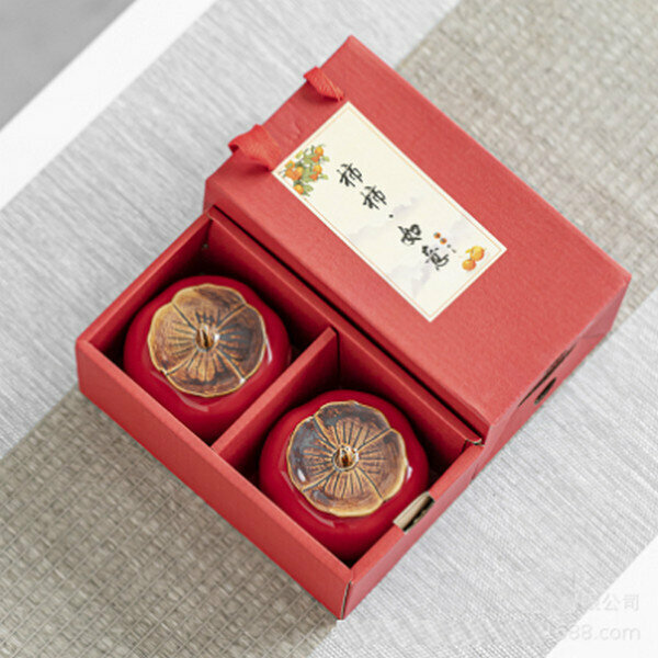 新款陶瓷密封柿子茶葉罐擺件裝糖盒【雙罐紅大柿子黃蓋（含禮盒）】