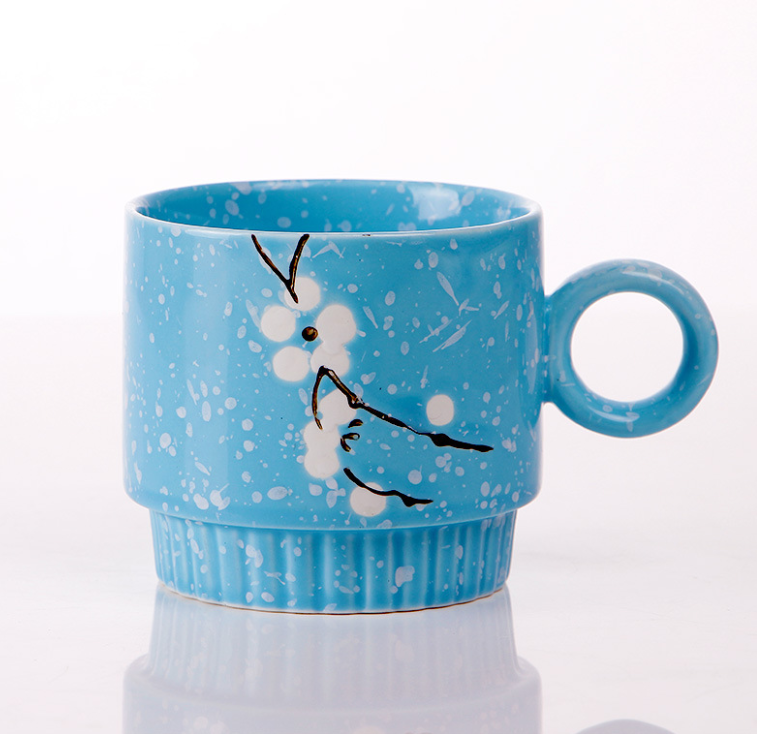 熱賣手繪雪花杯 家用陶瓷花茶杯（藍色【單杯】）