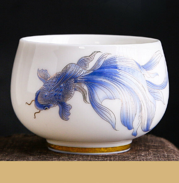 熱賣【1個裝】羊脂玉白瓷茶杯（鴻運當頭-藍）【尺寸：口徑7cm高5.3cm 容量180ml】