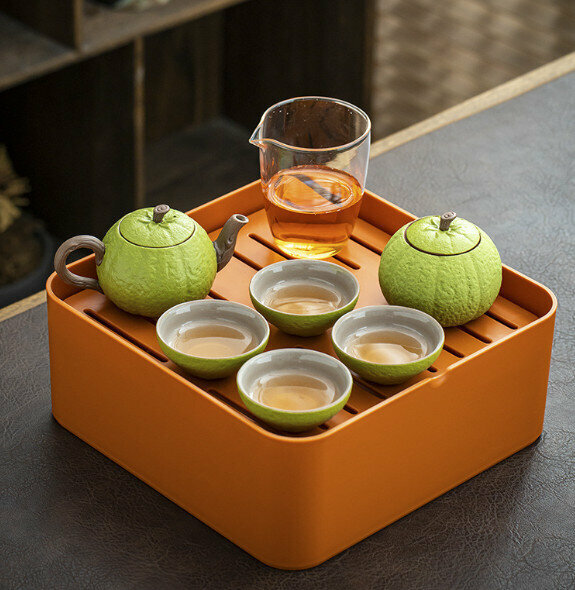爆款便攜旅行茶具套裝【萬事大桔（綠色茶壺）】【規格：一壺四杯一公一罐】