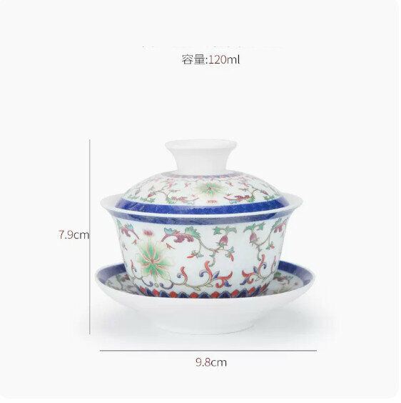 爆款家用簡質陶瓷蓋碗茶杯（白玉瓷蘭鉤藤花）