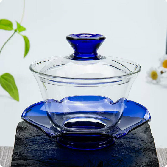 爆款加厚耐熱玻璃蓋碗茶杯（夢幻藍）