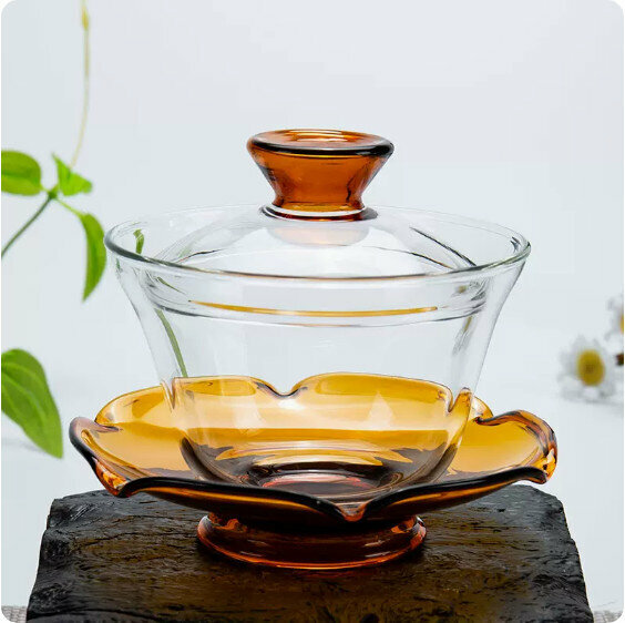 爆款加厚耐熱玻璃蓋碗茶杯（明黃）
