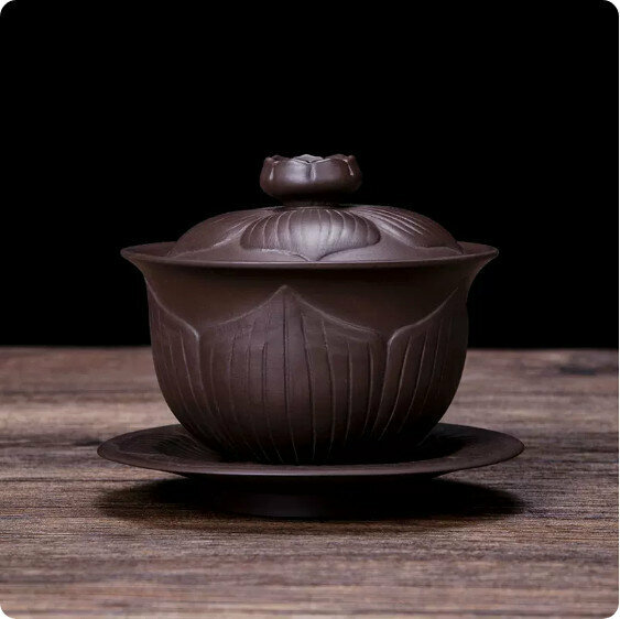 爆款單個紫砂蓋碗茶杯（紫砂荷韻）【尺寸：長10.3cm高8.5cm容量170ml】