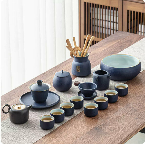 爆款中式複古家用泡茶套裝【粗陶井欄壺套組（深邃藍）-禮盒裝】