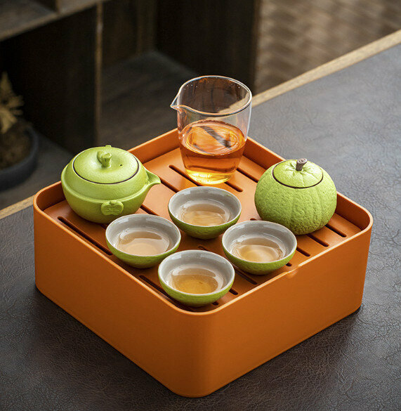 爆款便攜旅行茶具套裝【平平安安（綠色手抓壺）】【規格：一壺四杯一公一罐】