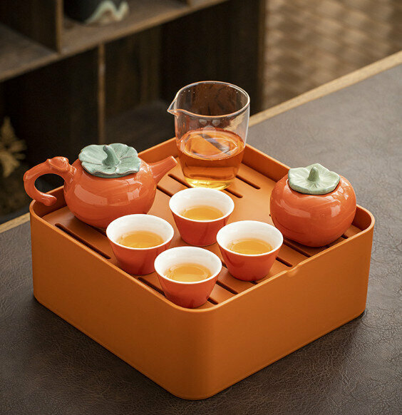 爆款便攜旅行茶具套裝【柿柿如意（樹枝壺柄）】【規格：一壺四杯一公一罐】