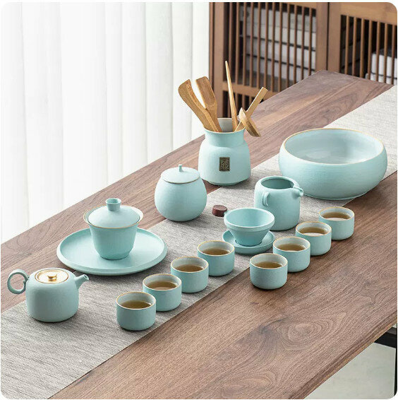 爆款中式複古家用泡茶套裝【粗陶井欄壺套組（淡雅藍）-禮盒裝】