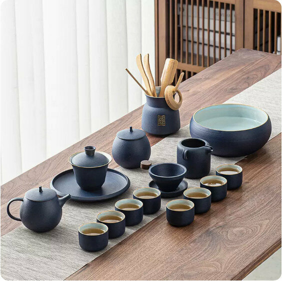 爆款中式複古家用泡茶套裝【粗陶圓融壺套組（深邃藍）-禮盒裝】