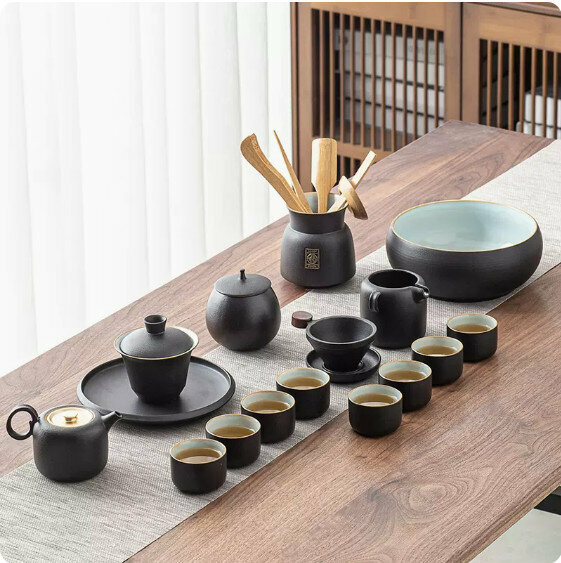爆款中式複古家用泡茶套裝【粗陶井欄壺套組（禪風黑）-禮盒裝】
