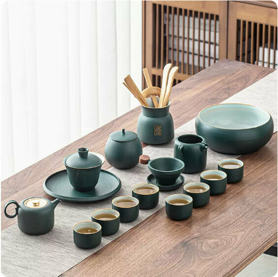 爆款中式複古家用泡茶套裝【粗陶井欄壺套組（孔雀綠）-禮盒裝】