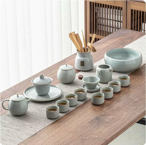 爆款中式複古家用泡茶套裝【粗陶圓融壺套組（汝窯）-禮盒裝】