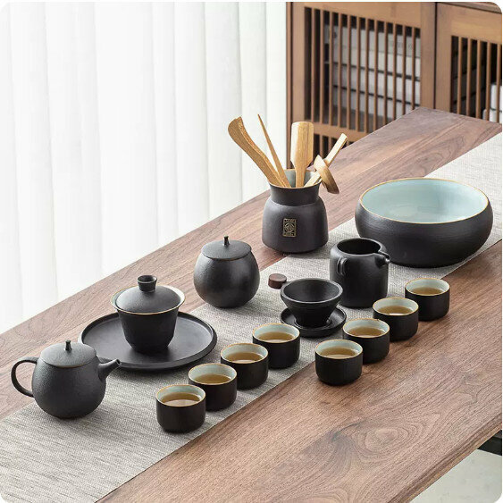 爆款中式複古家用泡茶套裝【粗陶圓融壺套組（禪風黑）-禮盒裝】