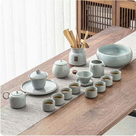 爆款中式複古家用泡茶套裝【粗陶井欄壺套組（汝窯）-禮盒裝】