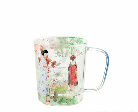 Popular glass cartoon with scale (Specification: Afternoon Sakura B style (600ml))