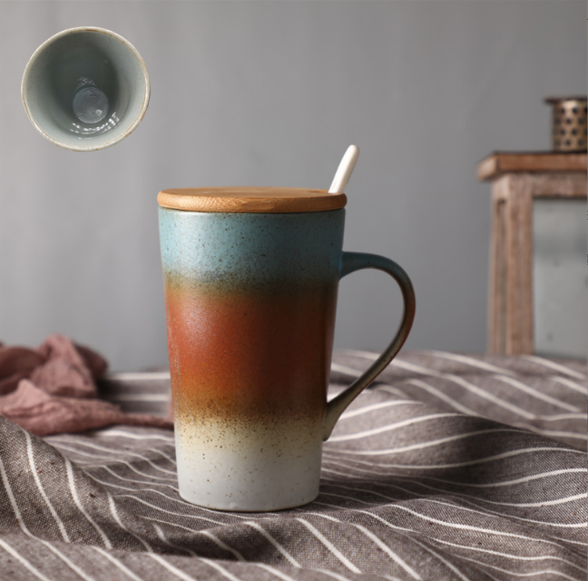 Popular retro stoneware mug (three colors including lid and spoon, capacity 401-500ml)