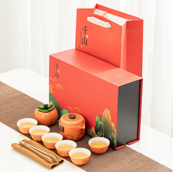 爆款陶瓷茶具禮盒套裝【千裏江山套裝-橘色】