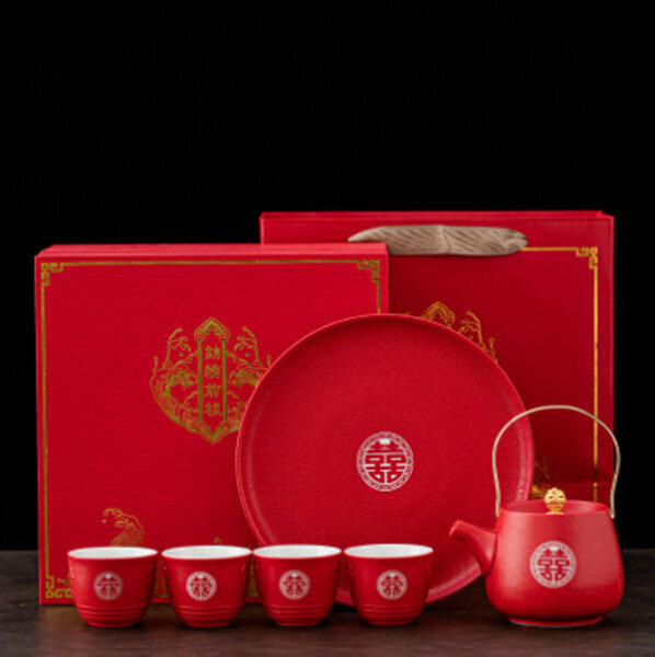 爆款紅色結婚茶具套裝【紅雙喜茶具套裝(含禮盒）】