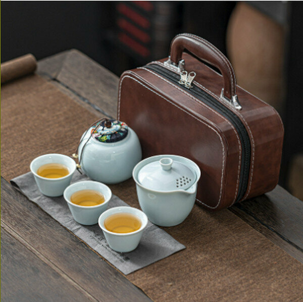 爆款便攜旅行陶瓷茶具套裝【哥窯梅子青色（大套組）】