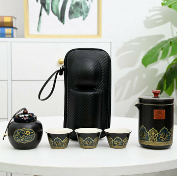 爆款旅行功夫茶具套裝陶瓷快客杯【古韻茶具中套組（黑）】