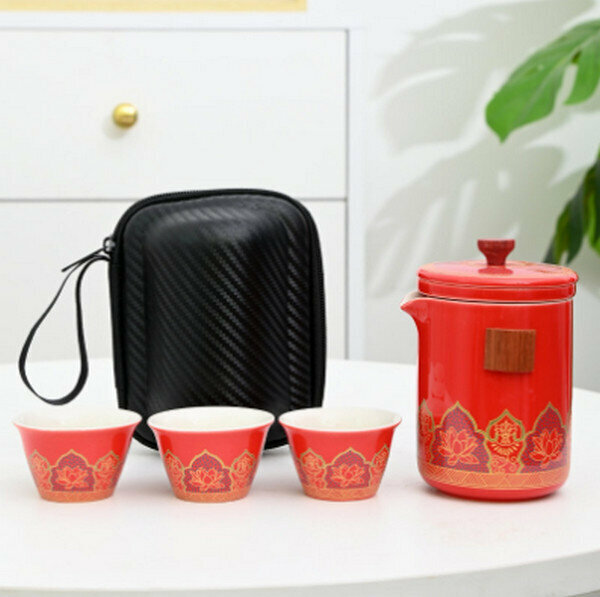 爆款旅行功夫茶具套裝陶瓷快客杯【古韻茶具小套組（紅）】