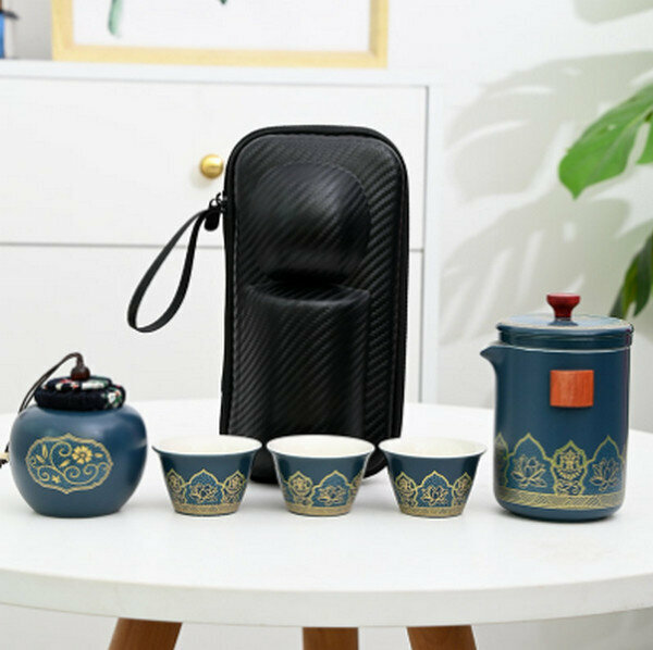爆款旅行功夫茶具套裝陶瓷快客杯【古韻茶具中套組（青）】