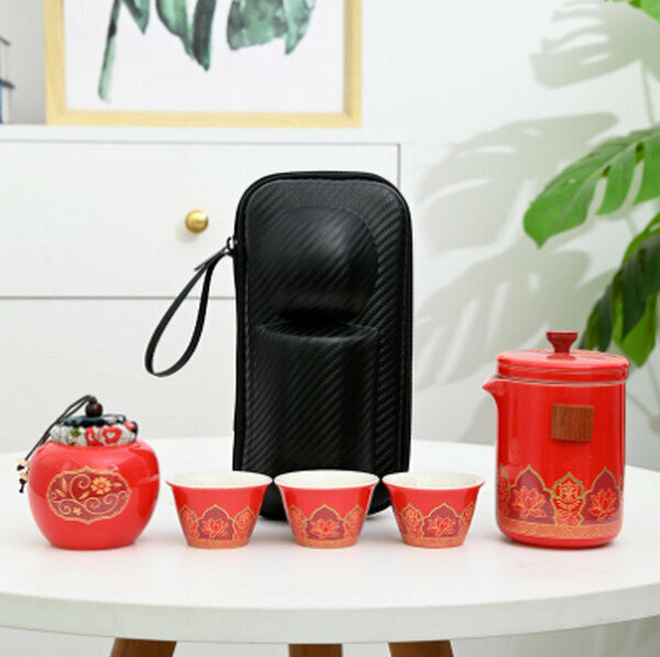 爆款旅行功夫茶具套裝陶瓷快客杯【古韻茶具中套組（紅）】