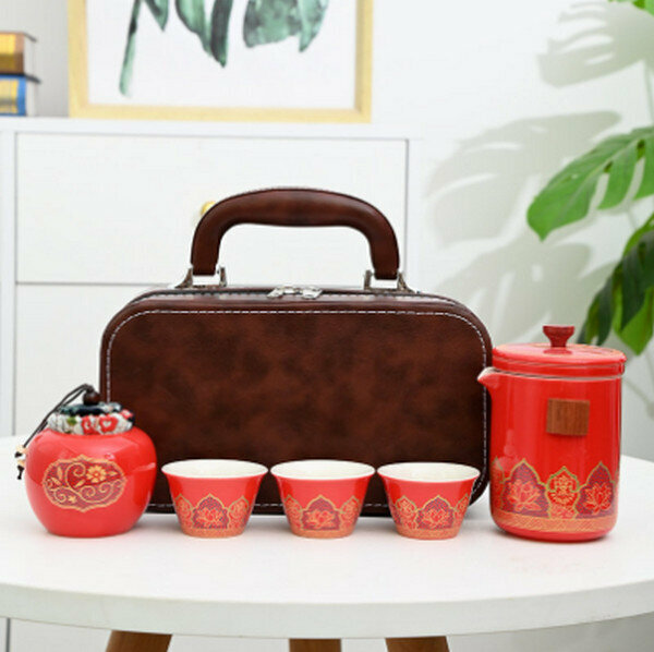 熱推旅行功夫茶具套裝陶瓷快客杯【古韻茶具大套組（紅）】