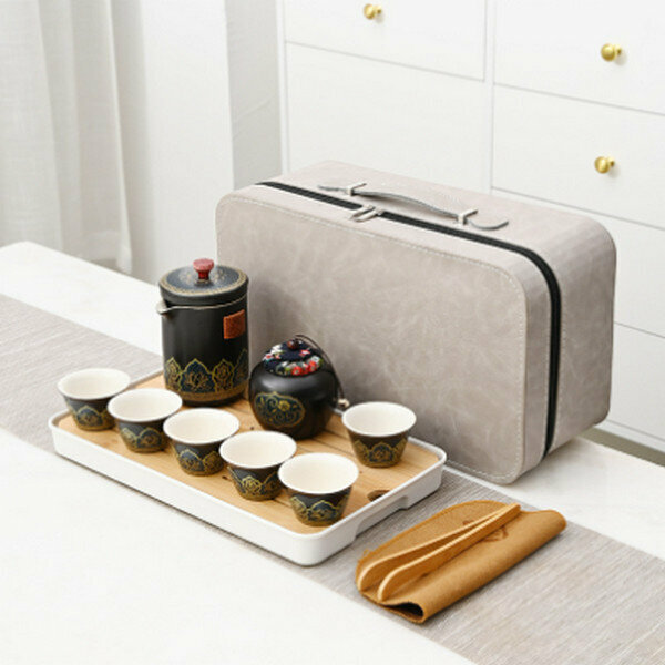 熱推旅行功夫茶具套裝陶瓷快客杯【古韻皮包款（含茶盤）黑】