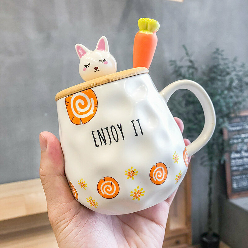 Hotly recommended personalized creative ceramic cup water cup (carrot spoon with wooden lid-D 400ML)