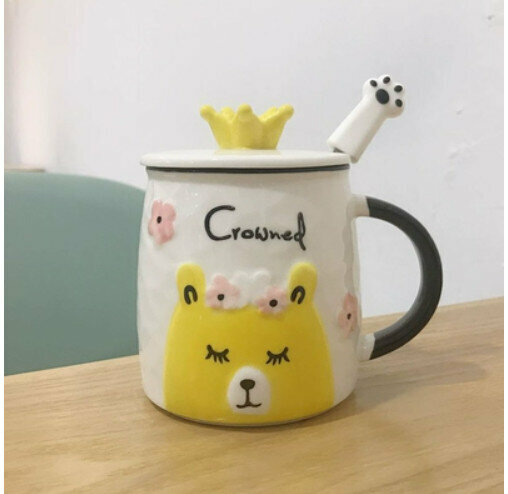 Hot push ceramic water cup [yellow-with lid + spoon] [capacity: 301mL]