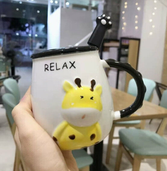 Hot push ceramic water cup [RELAX-with lid + spoon] [Capacity: 301mL]