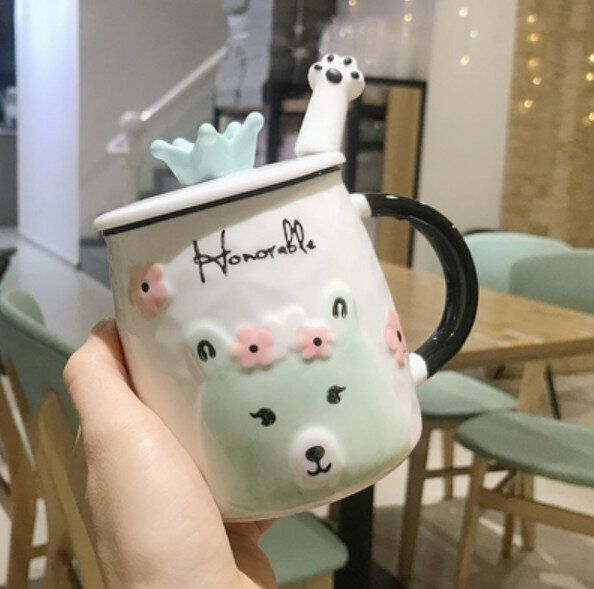 Hot push ceramic water cup [green-with lid + spoon] [capacity: 301mL]