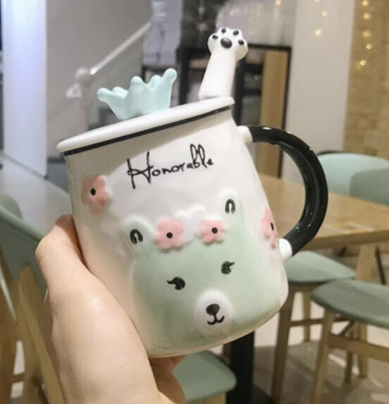 Hot push ceramic water cup [pink-with lid + spoon] [capacity: 301mL]