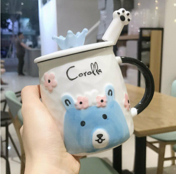 Hot push ceramic water cup [blue-with lid + spoon] [capacity: 301mL]