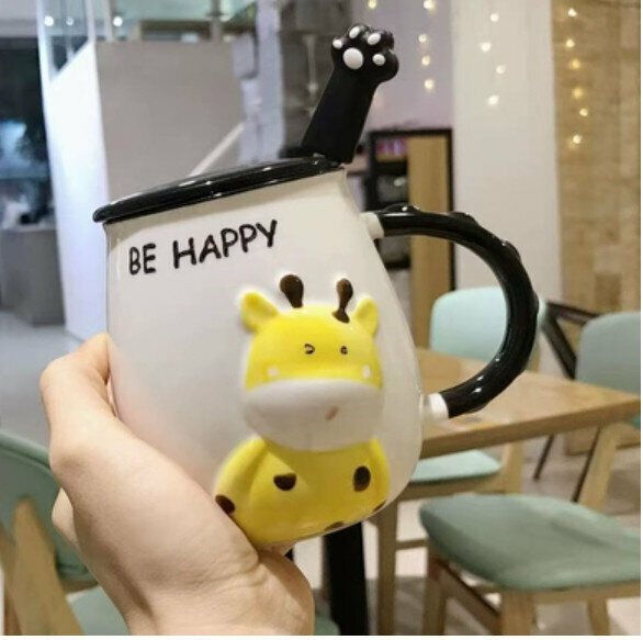 Hot push ceramic water cup [HAPPY-with lid + spoon] [Capacity: 301mL]