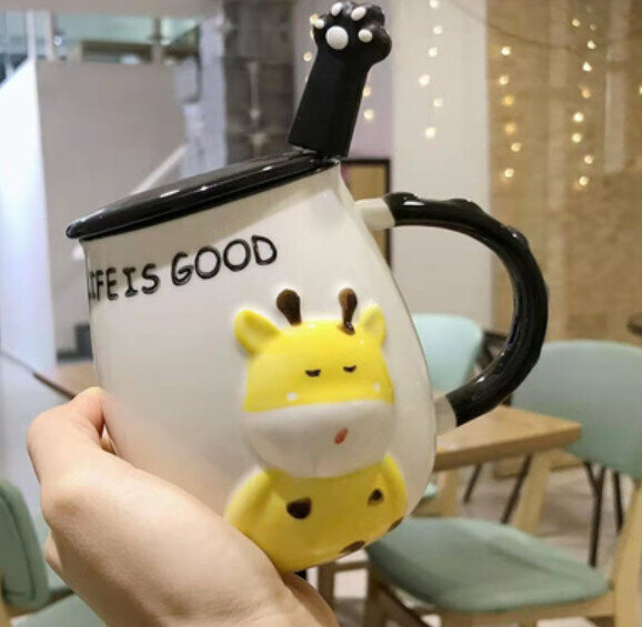 Hot push ceramic water cup [GOOD-with lid + spoon] [Capacity: 301mL]