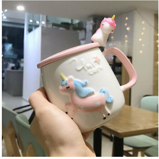 Hot push ceramic water cup [pink-with lid + spoon] [capacity: 401mL]